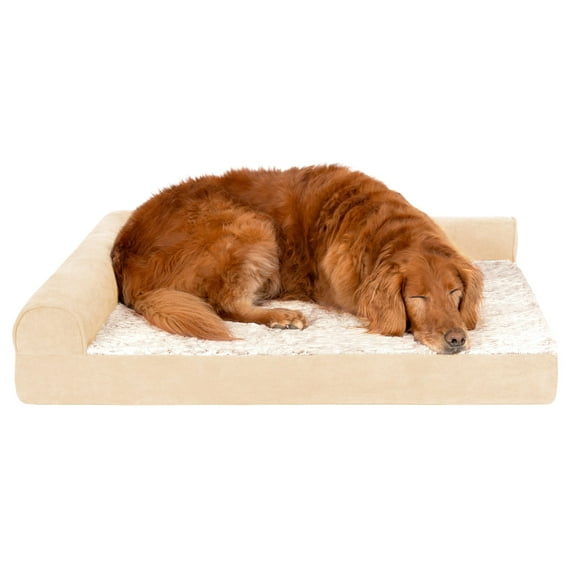 FurHaven Embossed Faux Fur & Suede Orthopedic Deluxe L-Chaise Pet Bed for Dogs & Cats - Taupe, Large