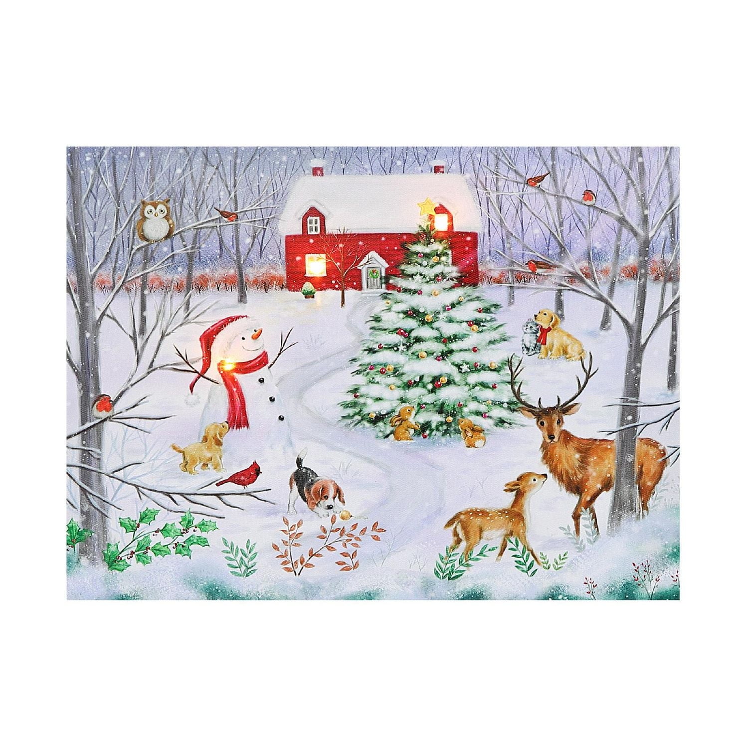 Christmas Led Canvas Wall Art Snowman With Animals 12X16
