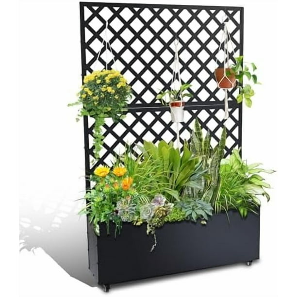 Pantalla de Privacidad con Macetero, Jardín Elevado Metálico con Enrejado y Ruedas, Maceteros para Patio, Caja con Drenaje para Plantas Trepadoras, Flores y Vegetales