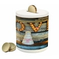 thumbnail image 1 of Wedding Piggy Bank, Celebration Wedding Cake with the Word Love as Sinage on Wooden Background Print, Ceramic Coin Bank Money Box for Cash Saving, 3.6" X 3.2", Multicolor, by Ambesonne, 1 of 4
