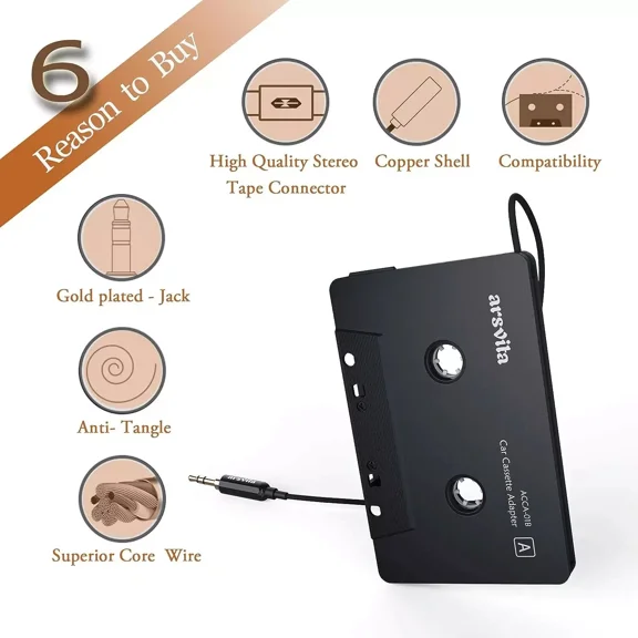 RHEA- Arsvita Car Audio Cassette To Aux Adapter, 3.5 Mm Auxillary Cable Tape Adapter