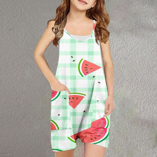 Sentmoon Girls Summer Rompers V Neck Spaghetti Strap Short Jumpsuits Watermelon Print Side Pockets Sleeveless Loose Bib Outfits Trendy Girls for Lounge at Home Green 5 Years