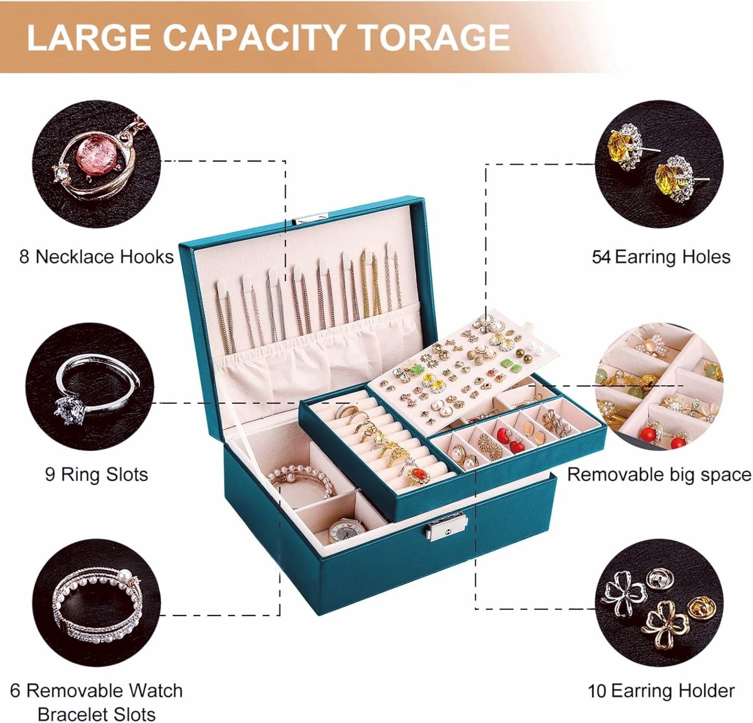 LQQBOX Jewelry box 2 layer Jewelry box Leather Jewelry boxes for Women Girls Teens Jewelry organizer box Jewelry Storage box with lock(Dark Green)
