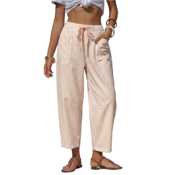 VV AVEORS Womens Summer Striped Barrel Cropped Pants Comfy Drawstring Capri Pant With Pockets Beach Vacation Lounge Trousers Beige L