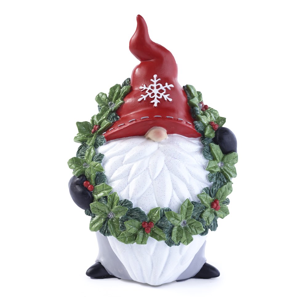 Lighted Ceramic Color Changing Christmas Gnome with Wreath Accent