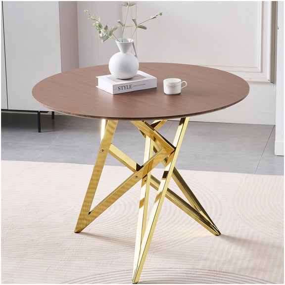 Round Dining Table Set for 4, Modern Walnut & Gold Kitchen Table, 37 Inch Small Apartment Table with Easy Assembly