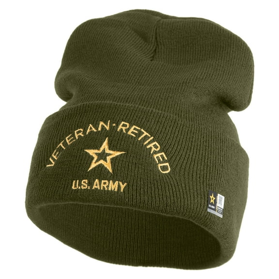 Star US Army Veteran Retired Logo Embroidered 12 Inch Solid Knit Cuff Long Beanie Made in USA - Olive OSFM
