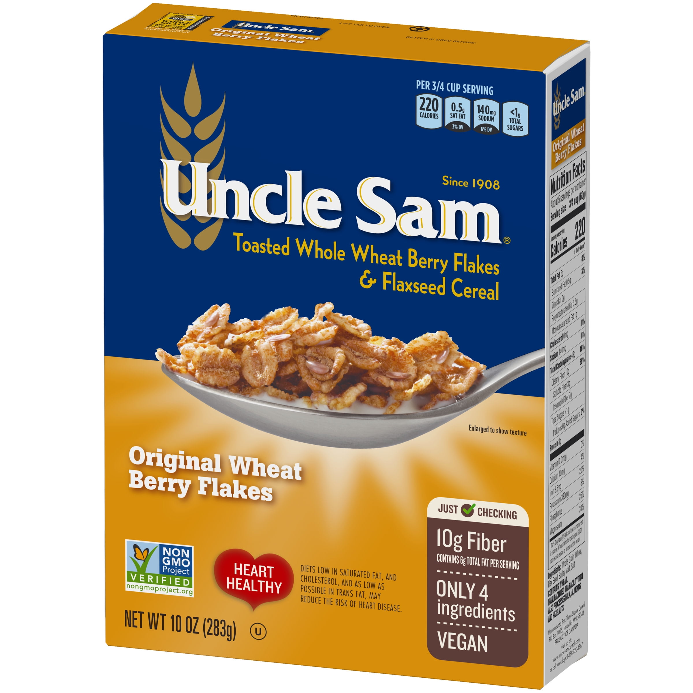 Uncle Sam Original Wheat Berry Flakes Cereal, High Fiber, Whole Grain, Regular, Kosher, Heart Healthy, Vegan, 10 ounce Box