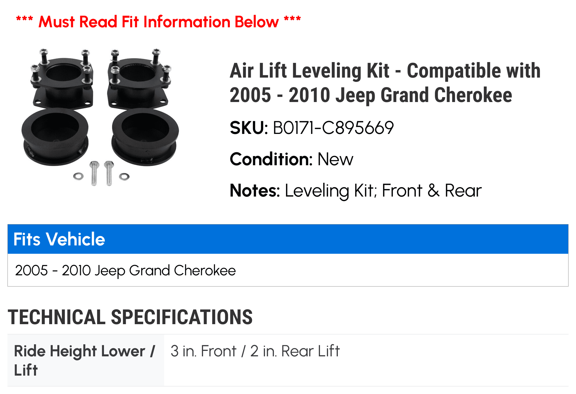 Air Lift Leveling Kit - Compatible with 2005 - 2010 Jeep Grand Cherokee 2006 2007 2008 2009