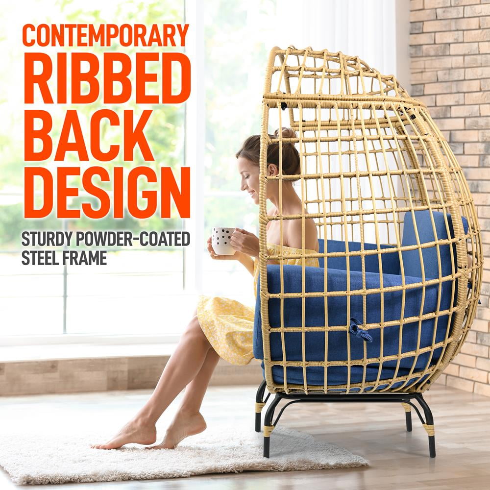 SereneLife Wicker Rattan Egg Chair, Indoor Outdoor Blue Sofa Chair for Patio Backyard & Living Room