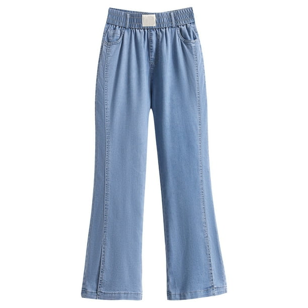 Gibobby Jeans mujer cintura alta Vaqueros acampanados adelgazantes de talla grande de seda fina de seda helada para mujer(Azul,G)