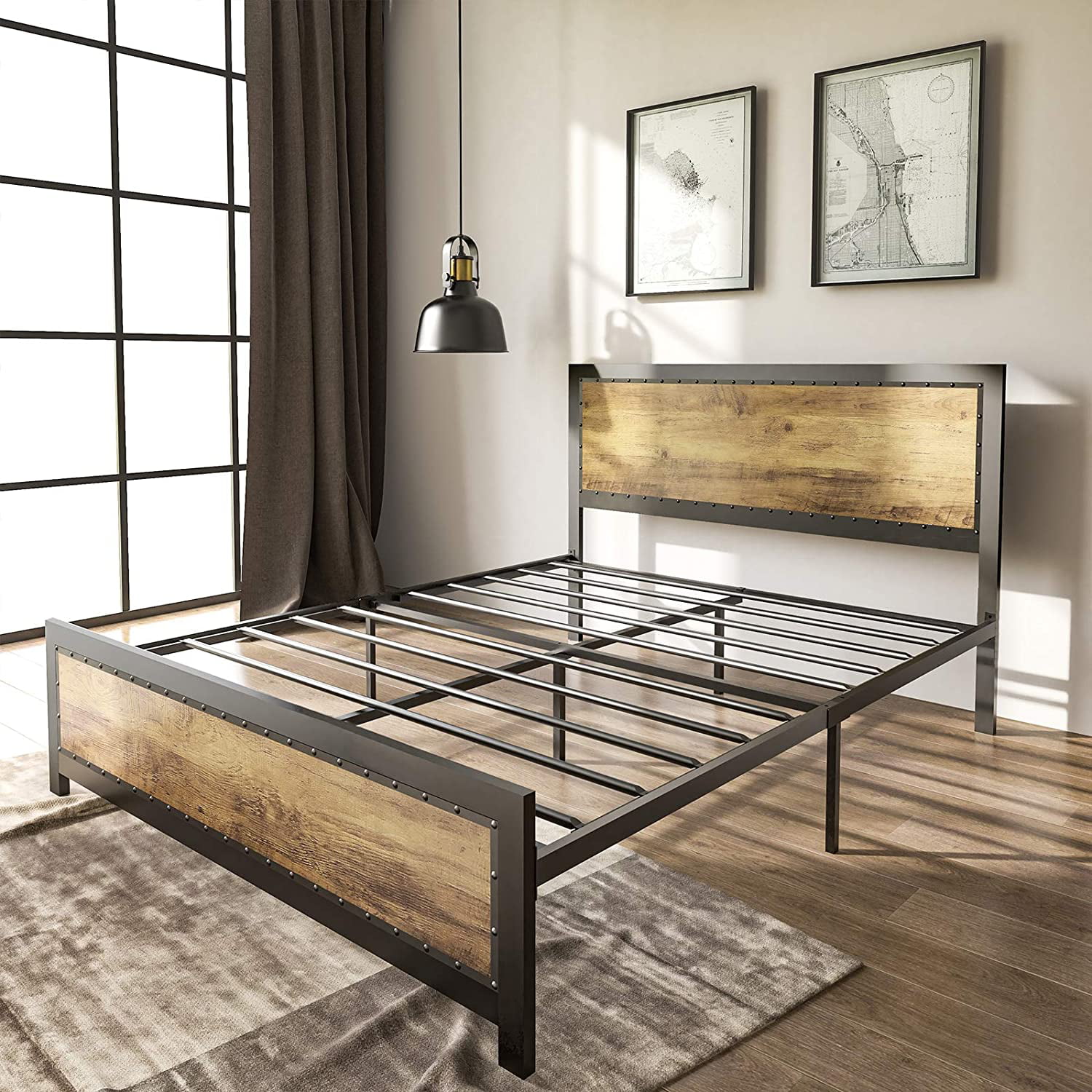 Full Size Steel Platform Bed Frame Stable Wooden Slats Modern Headboard 