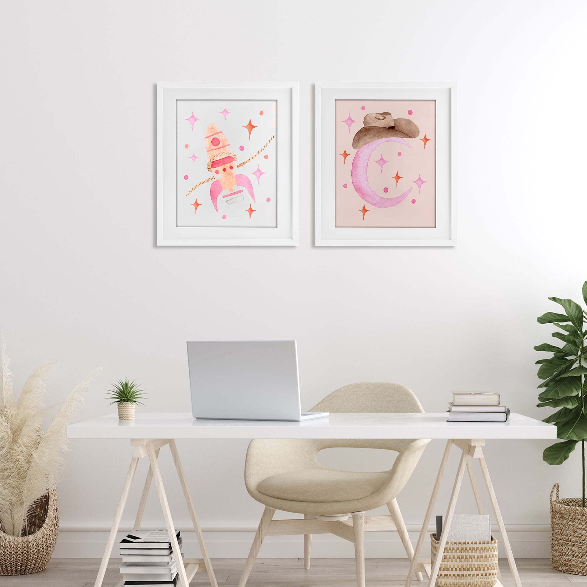 Space Cowgirl Rocket Ship 2 Piece White Framed Print Under Glass Set, design by Nina Jacobs