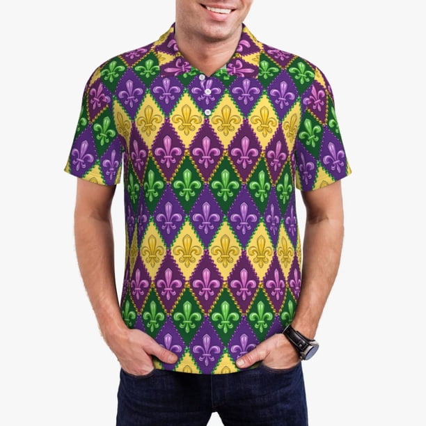 Balery Mardi Gras4 Camisa Polo de Hombre con Estampado, de Manga Corta y Tejido Medio, Camisa Tipo Golf Polo-Small