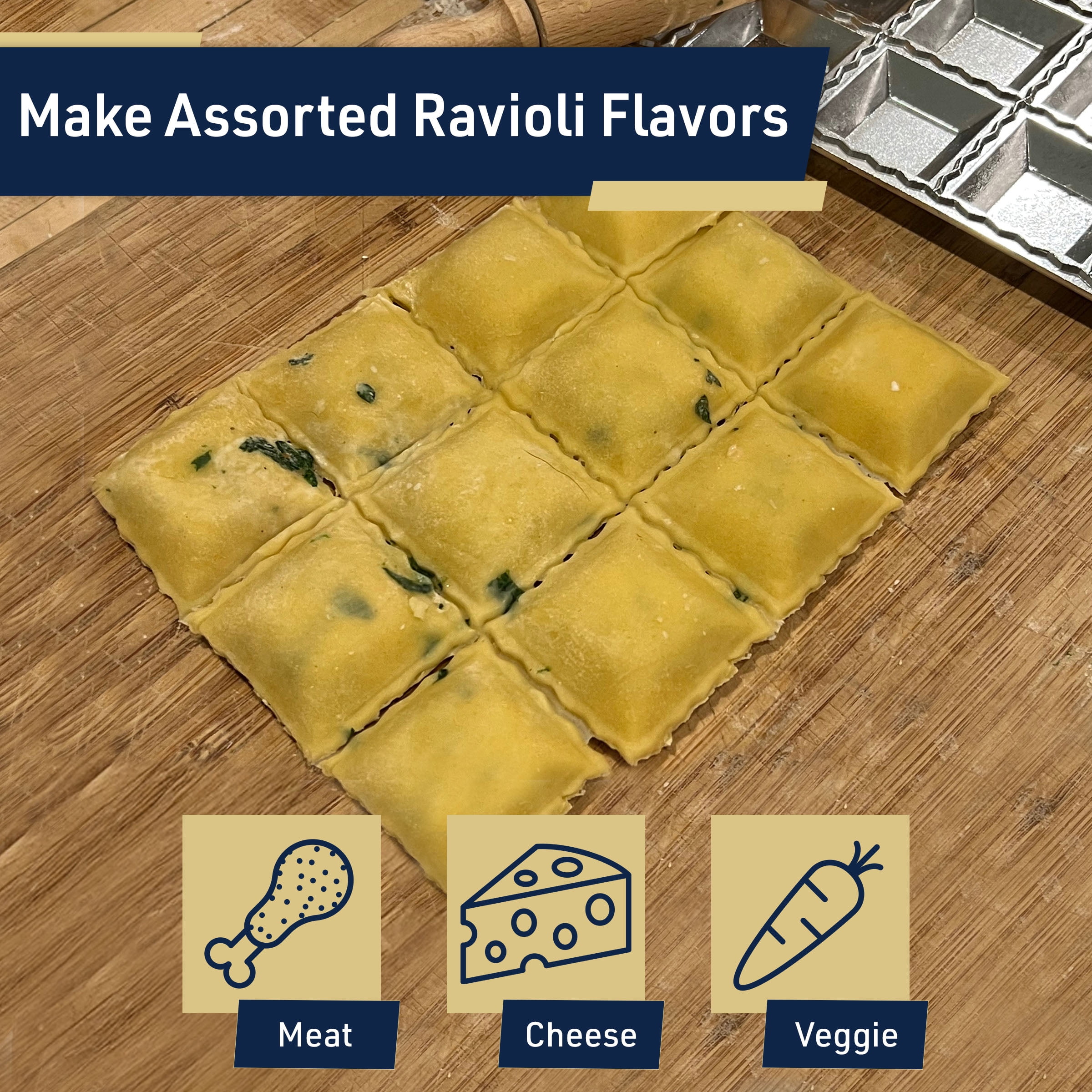 Kings County Tool Square Ravioli Maker Mold | Produce 2” Square Shape | Easy to Use | Wooden Pasta Roller Included | Non-Slip Rubber Foot Insert | Kitchen Necessity | Made in Italy