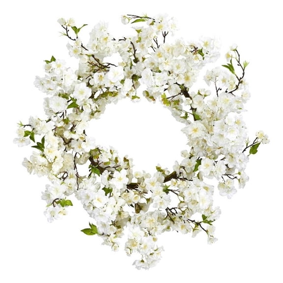 Pemberly Row 24" Vibrant Cherry Blossom Petals Wreath in White