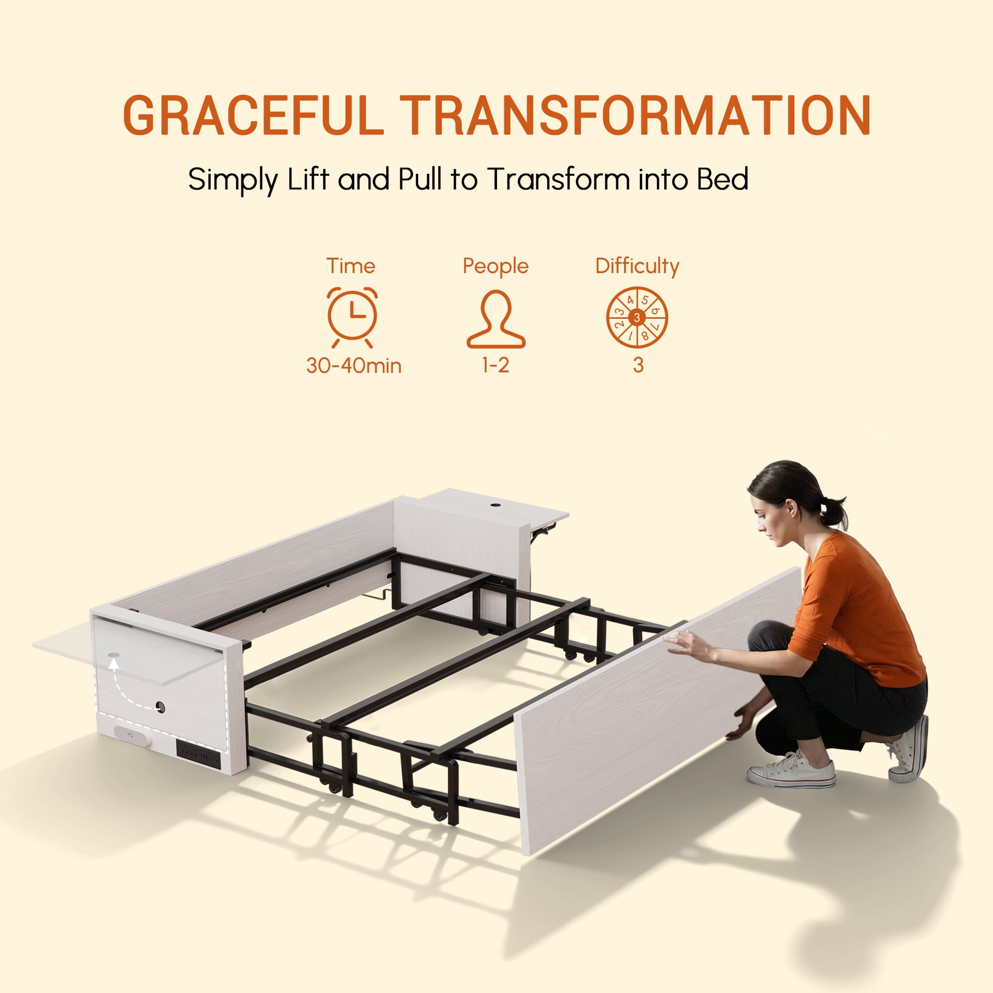 Full Murphy Bed with Mattress,Full Size Cabinet Bed with Folding Nightstand and Charging Station & LED Light,Multifunctional Space-Saving Wall Bed for Bedroom, Guest Room,Office,White