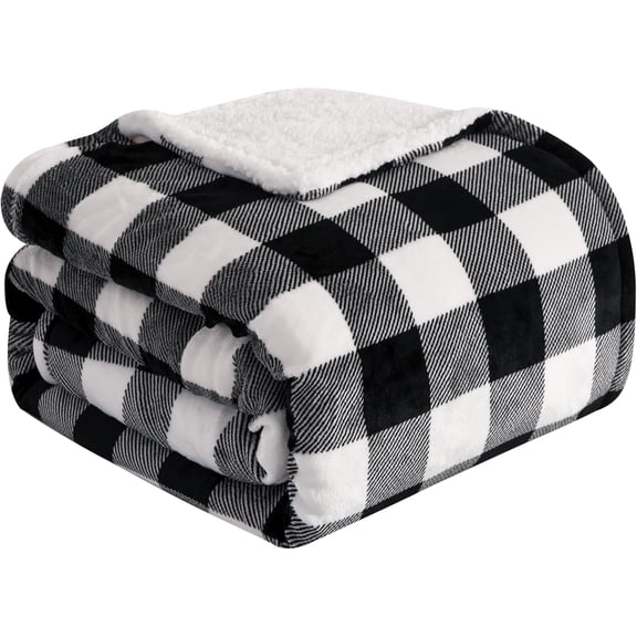 Elegant Comfort Reversible Buffalo Plaid Flannel Sherpa Blanket - Soft Fleece Throw for Couch or Bed - Plush Warm Winter Blanket, Full, Black