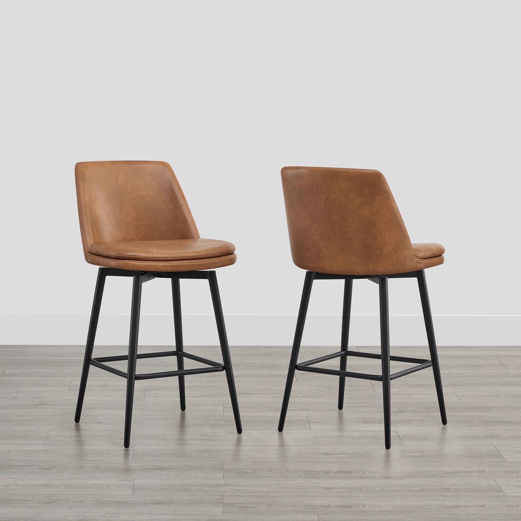 Spruce & Spring Counter Height Swivel Barstool with Curved Back and Metal Legs Set of 2, Cognac Faux Leather