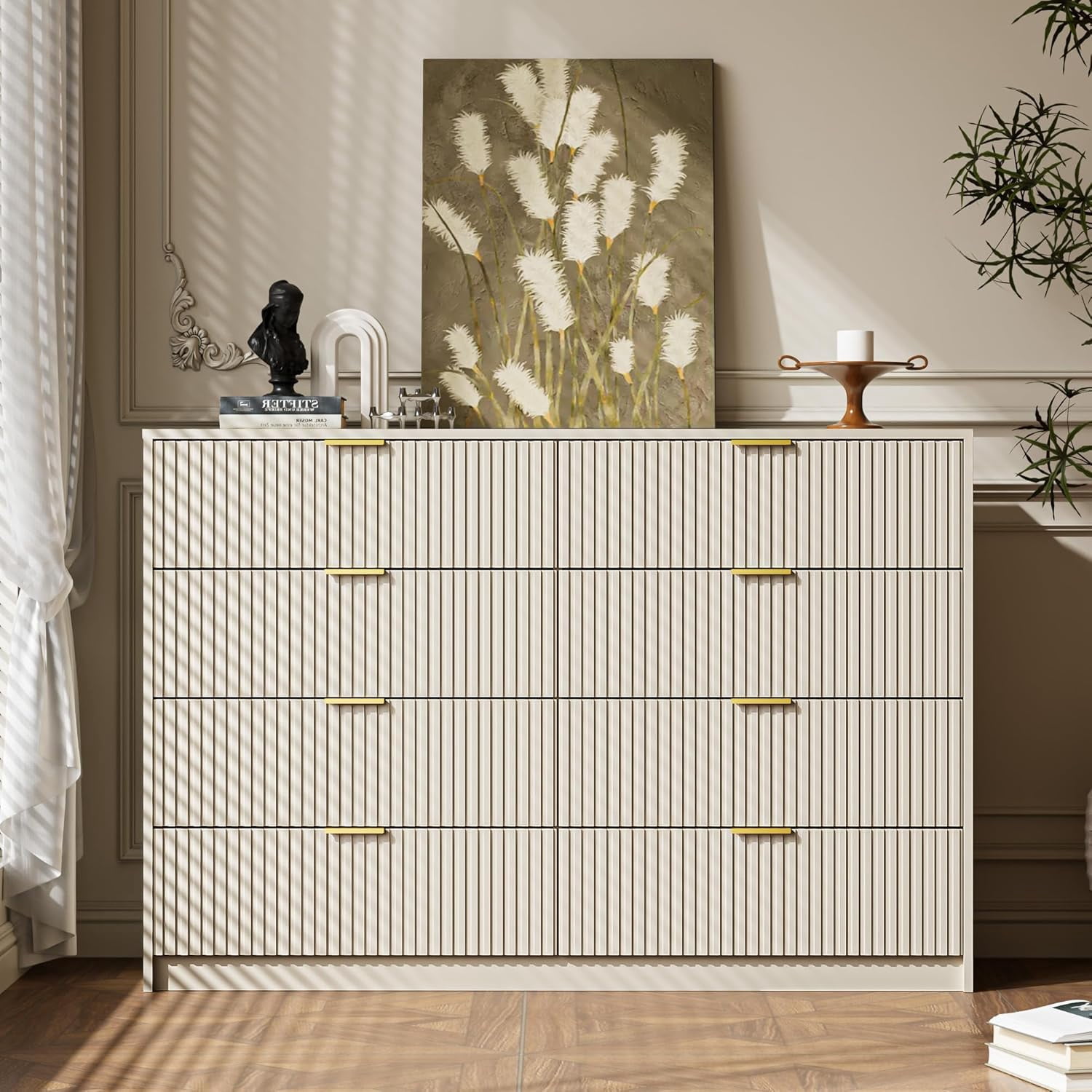Furniway Beige Dresser for Bedroom, 8 Drawer Double Dresser with Gold Metal Handles, Modern Chest of Drawers for Bedroom, Living Room, Entryway and Closet, Beige
