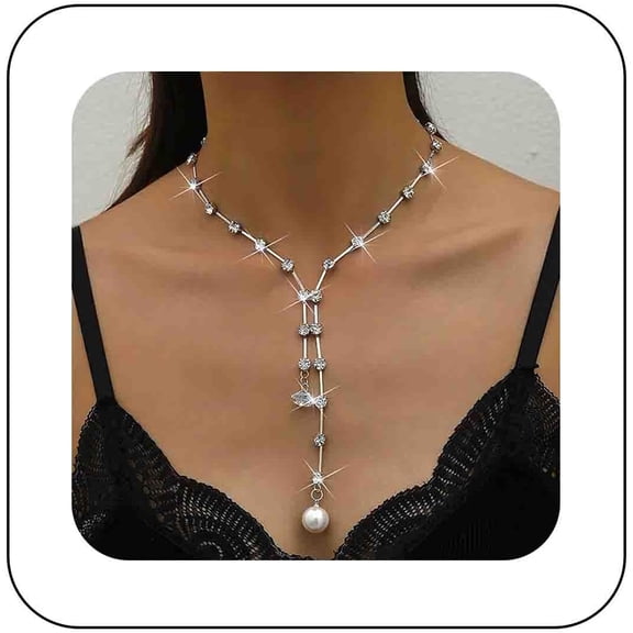 Sparkling Rhinestone Lariat Necklace Silver Cz Y Drop Necklace Long Crystal Y Necklace Chain Rhinestone Pearl Statement Necklace Jewelry for Women