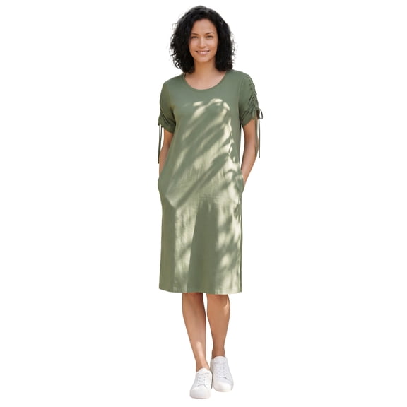 Woman Within Plus Size Perfect Ruched-Sleeve Knee-Length Short-Sleeve Tee Dress