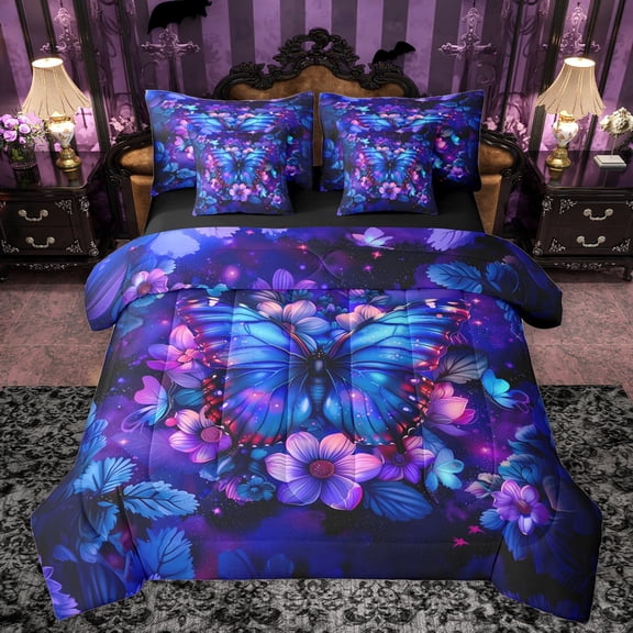 Manfei Female Men Blue Butterfly Twin Bedding Sets 7-Piece,Chic Floral Flowers Bedding Comforter Set Microfiber,Abstract Gradient Breathable Sheet Sets,Microfiber Bedroom Decor,Reversible