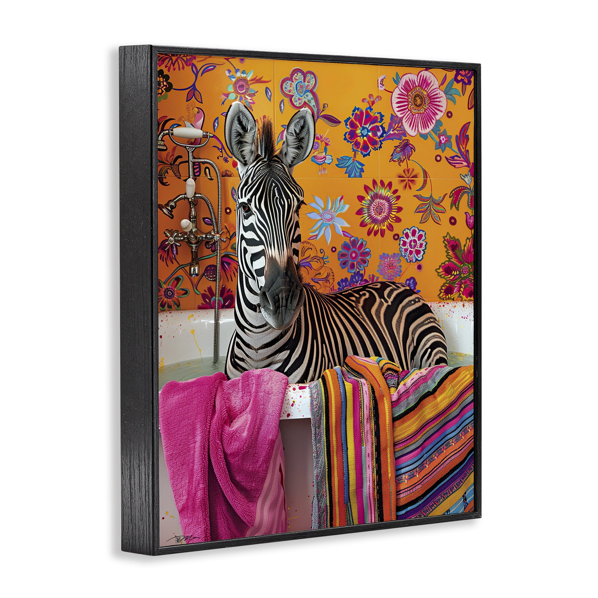 Zebra Bath with Colorful Towel Black Framed Giclee Art, design by Momart