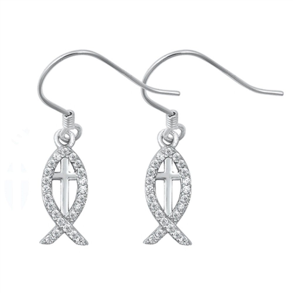 All in Stock Round Clear CZ Christian Fish Dangling Fishhook Earring