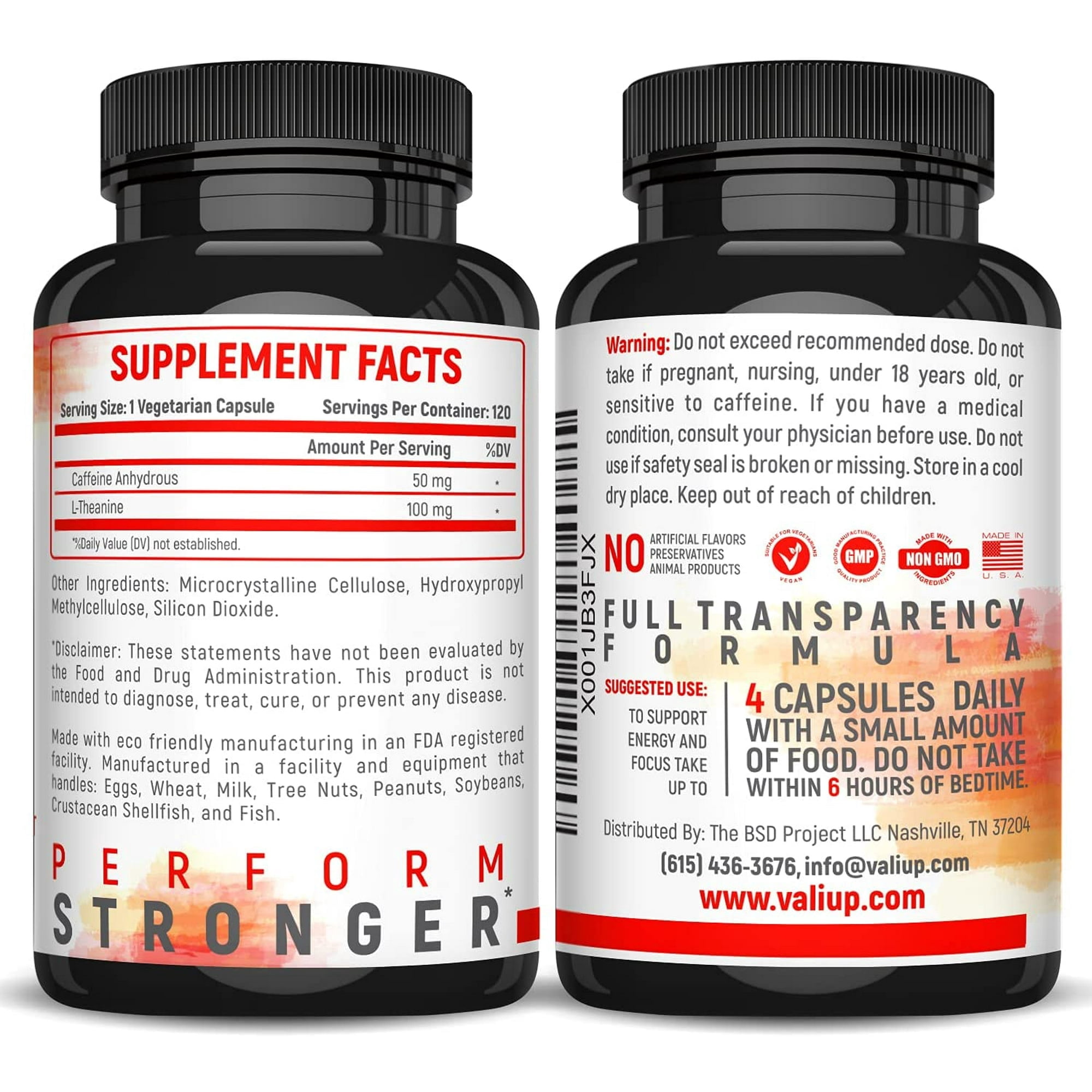VALI Caffeine & L-Theanine Smooth Focused Energy Nootropic Supplement, 120 Veggie Capsules