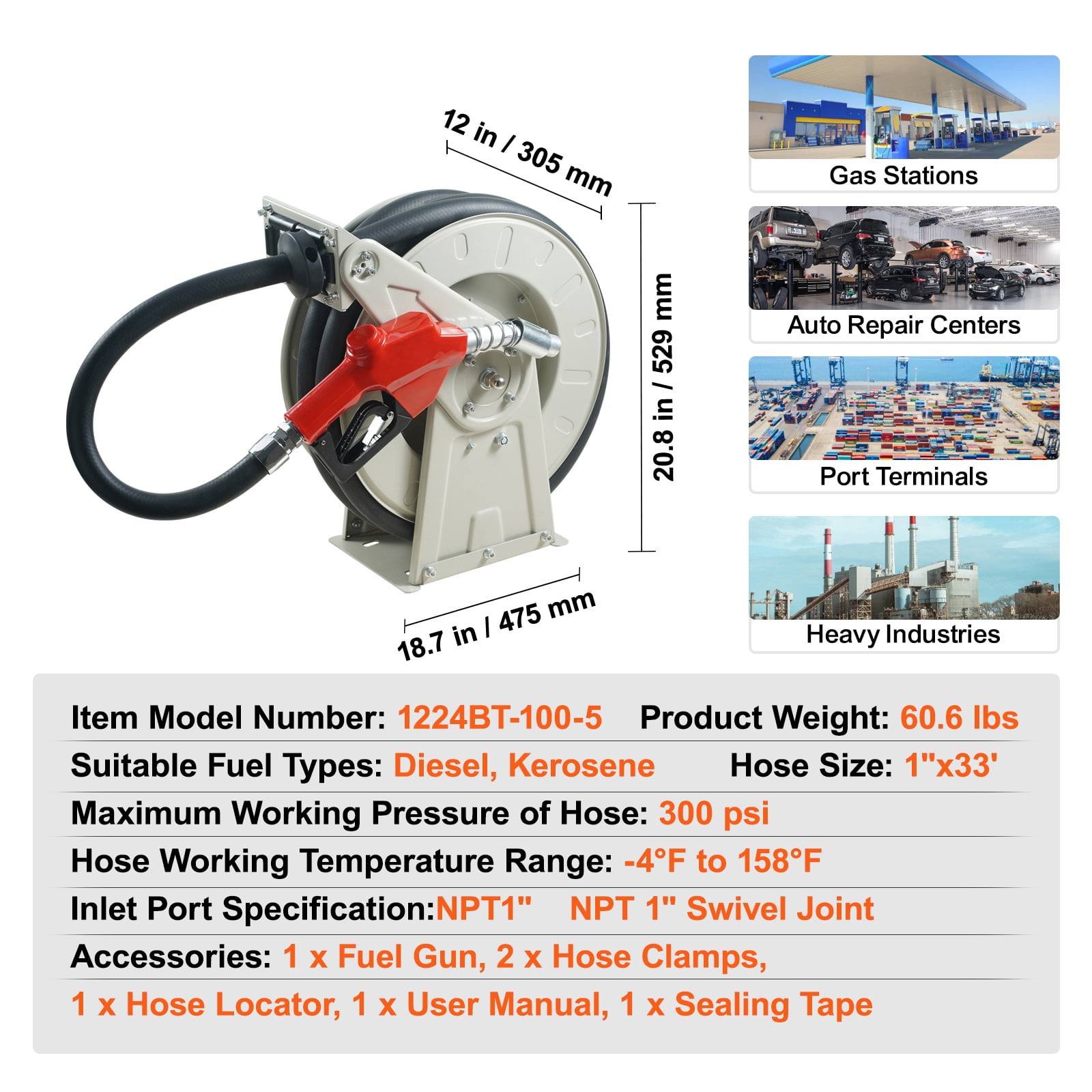 VEVOR Fuel Hose Reel Retractable Diesel Hose Reel 1" x 33' Auto Refueling Nozzle