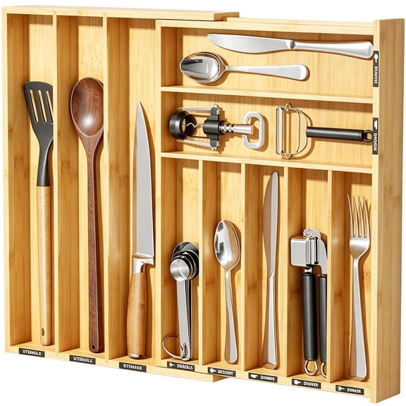 PLUMEBAY Silverware Drawer Organizer, Expandable, Bamboo, 10 Compartments, Natural