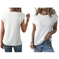 thumbnail image 3 of Summer Tops for Women Casual Crew Neck Waffle Knit Cap Sleeve Shirts Loose Fit Blouses Top White L, 3 of 7