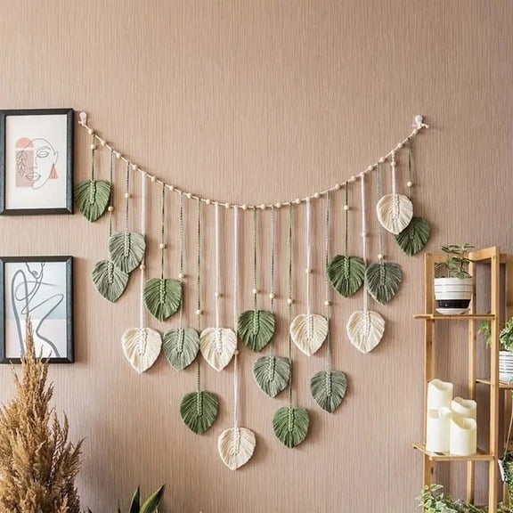 Macrame Woven Wall Hanging Boho Woven Leaf Tapestry Large Green Leaves Wall Decor Chic Home Decor Handmade Feather Wall Art for Bedroom Living Room Apartment Wall Decorations, 47x29 inch