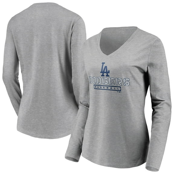 Women's Gray Los Angeles Dodgers Evanston Stencil Long Sleeve V-Neck T-Shirt