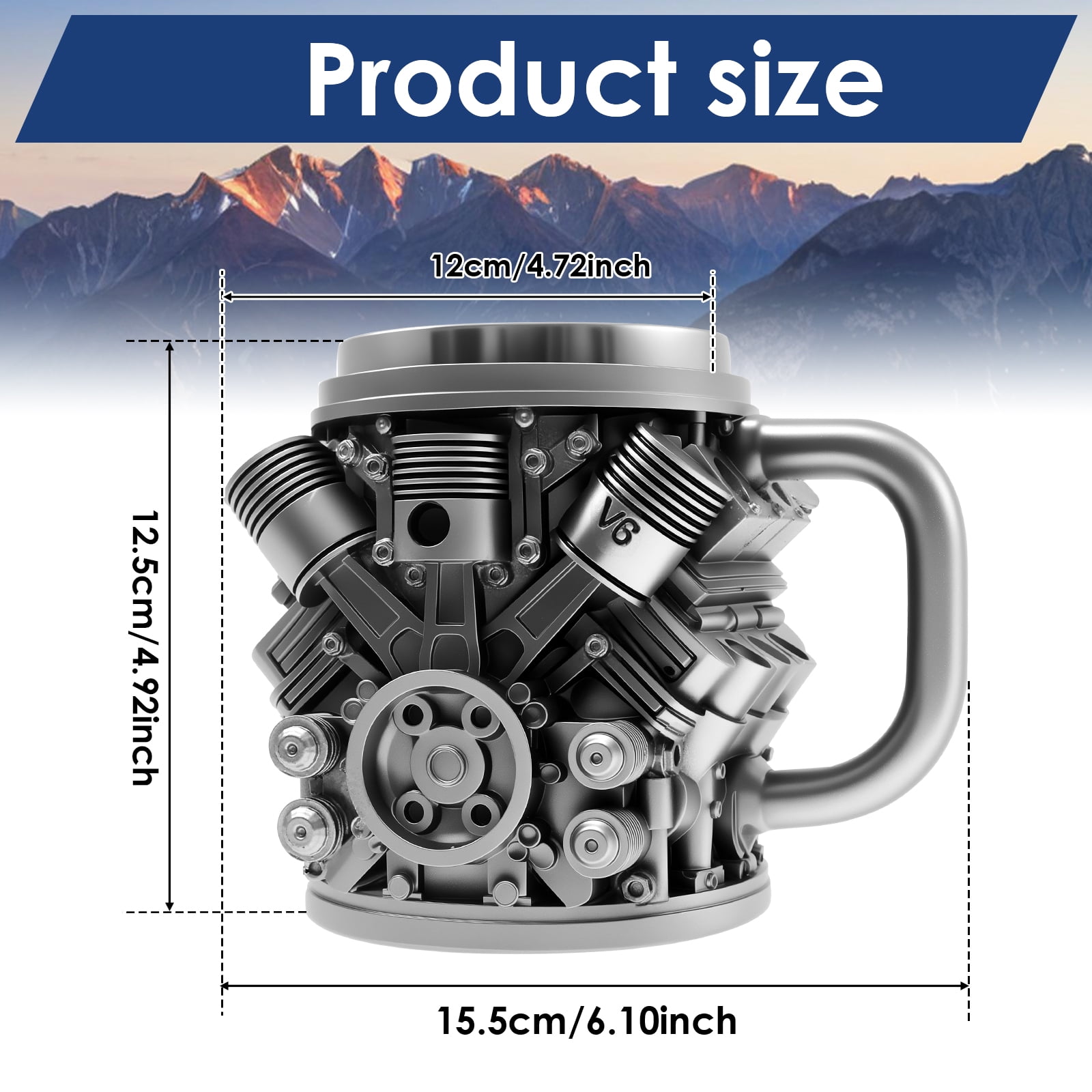 Qenwkxz Engine Coffee Mug Creative Car V6/V8 Engine Coffee Cup with Handle Novelty Stainless Steel Beverage Mug for Car Lovers Enthusiasts Black