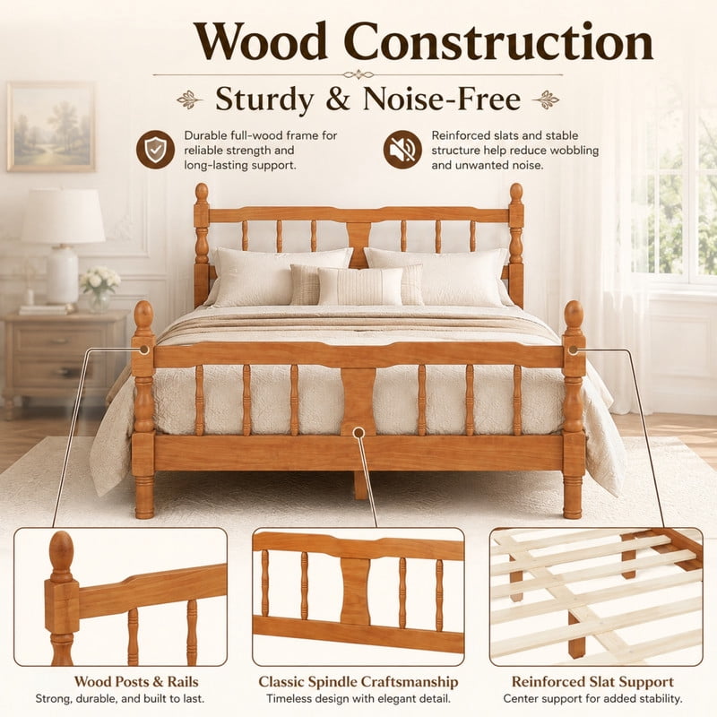 Euroco Wood Twin Size Platform Bed Frame, Classic Farmhouse Bed Frame with Spindle Headboard, Walnut