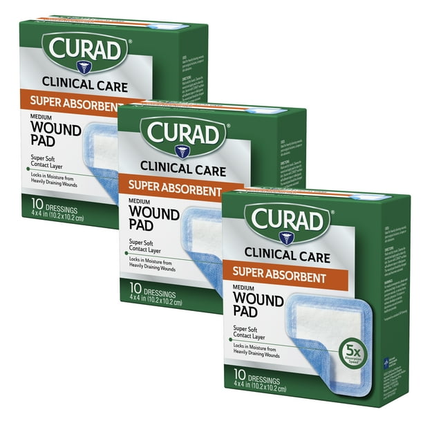 Curad Super Absorbent Wound Pad, Medium, 4" x 4", 10 Count, 3 Pack