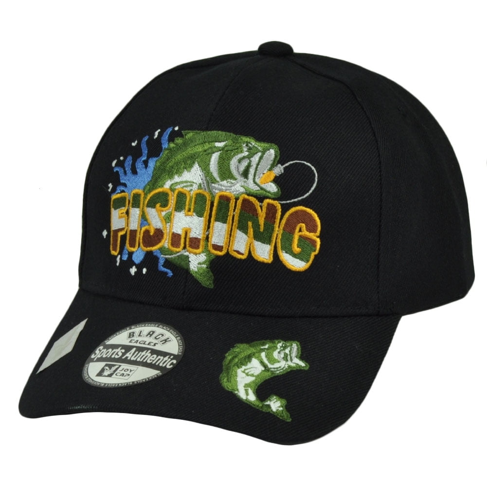 Fishing Hook Fish Bass Black Camping Outdoor Sports Hat Cap Adjustable