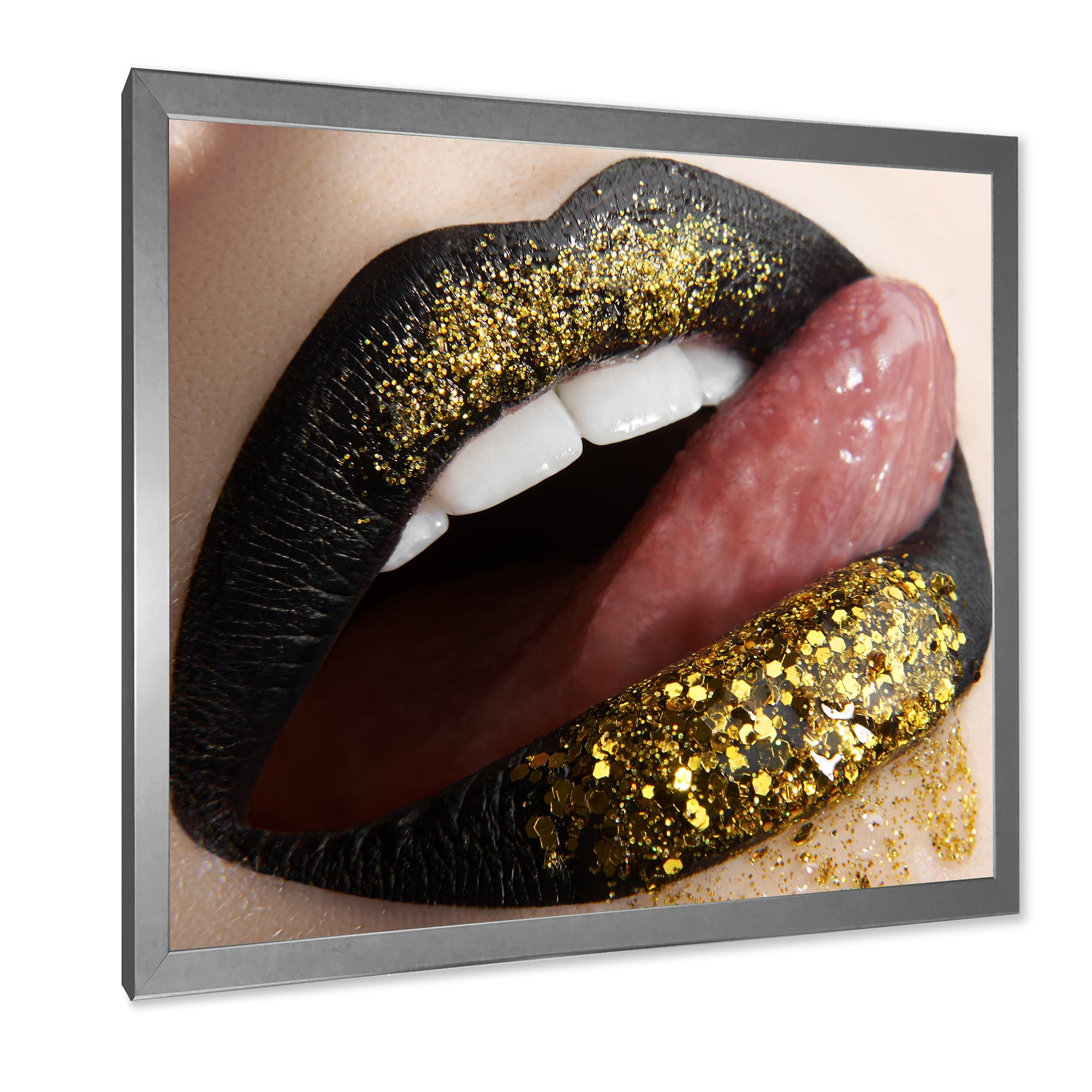 Designart 'Woman Lips Black Lipstick and Gold Sequins' Modern Framed Art Print