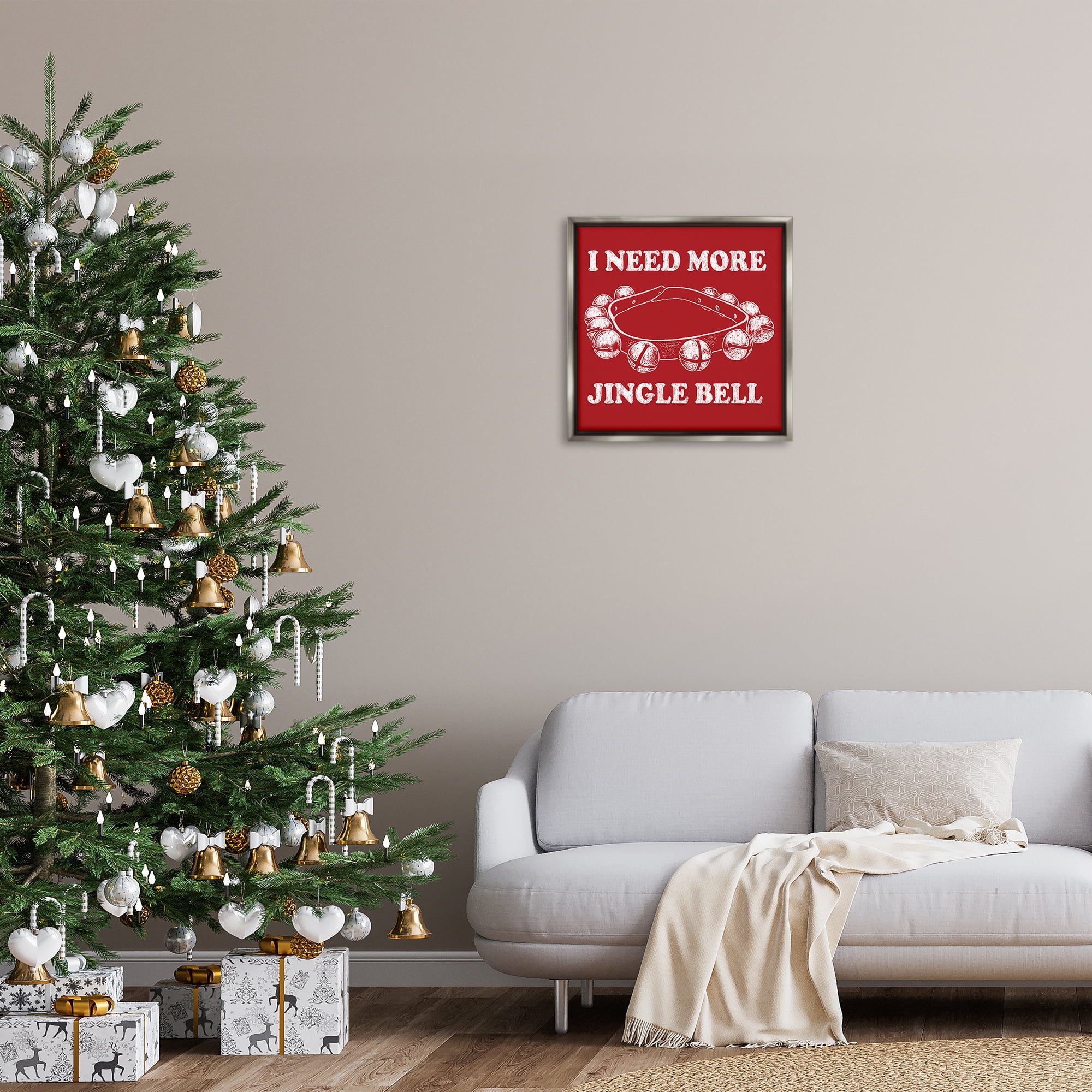 Stupell Industries Need More Jingle Bell Holiday Painting Gray Floater Framed Canvas Art Prints Wall Art, 25 x 25