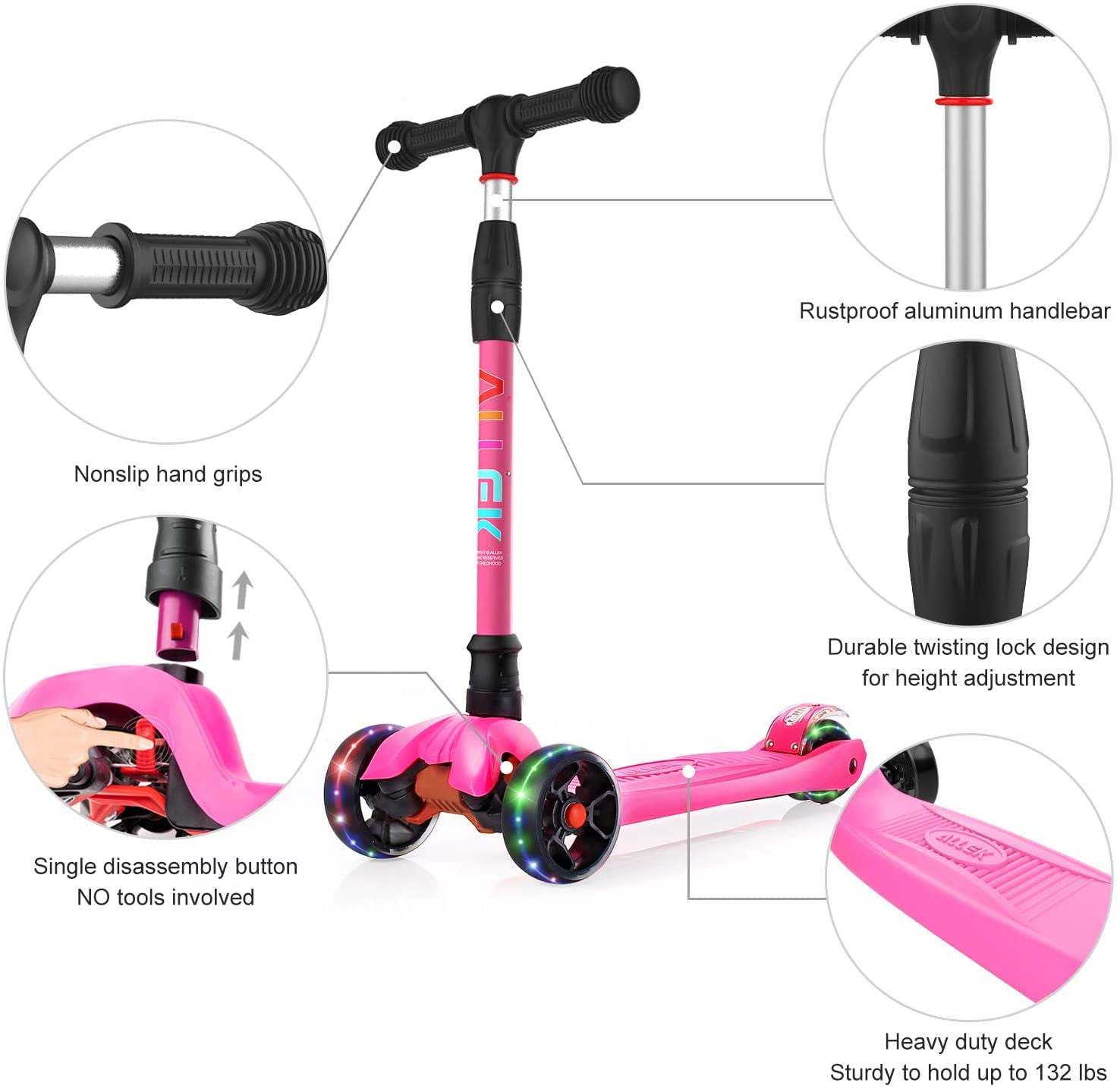 Allek Kick Scooter B02 with Light Up Wheels and 4 Adjustable