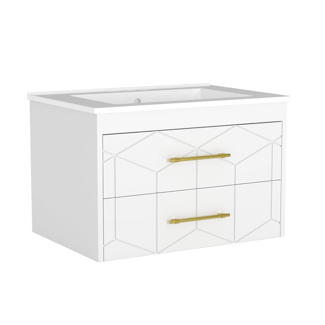 Modern Floating Bathroom Vanity – 24 Inch Wall Mounted Cabinet with 2 Large Soft-Close Drawers, Gold Handles, Ceramic basin, Easy Assembly – White, 24 inches