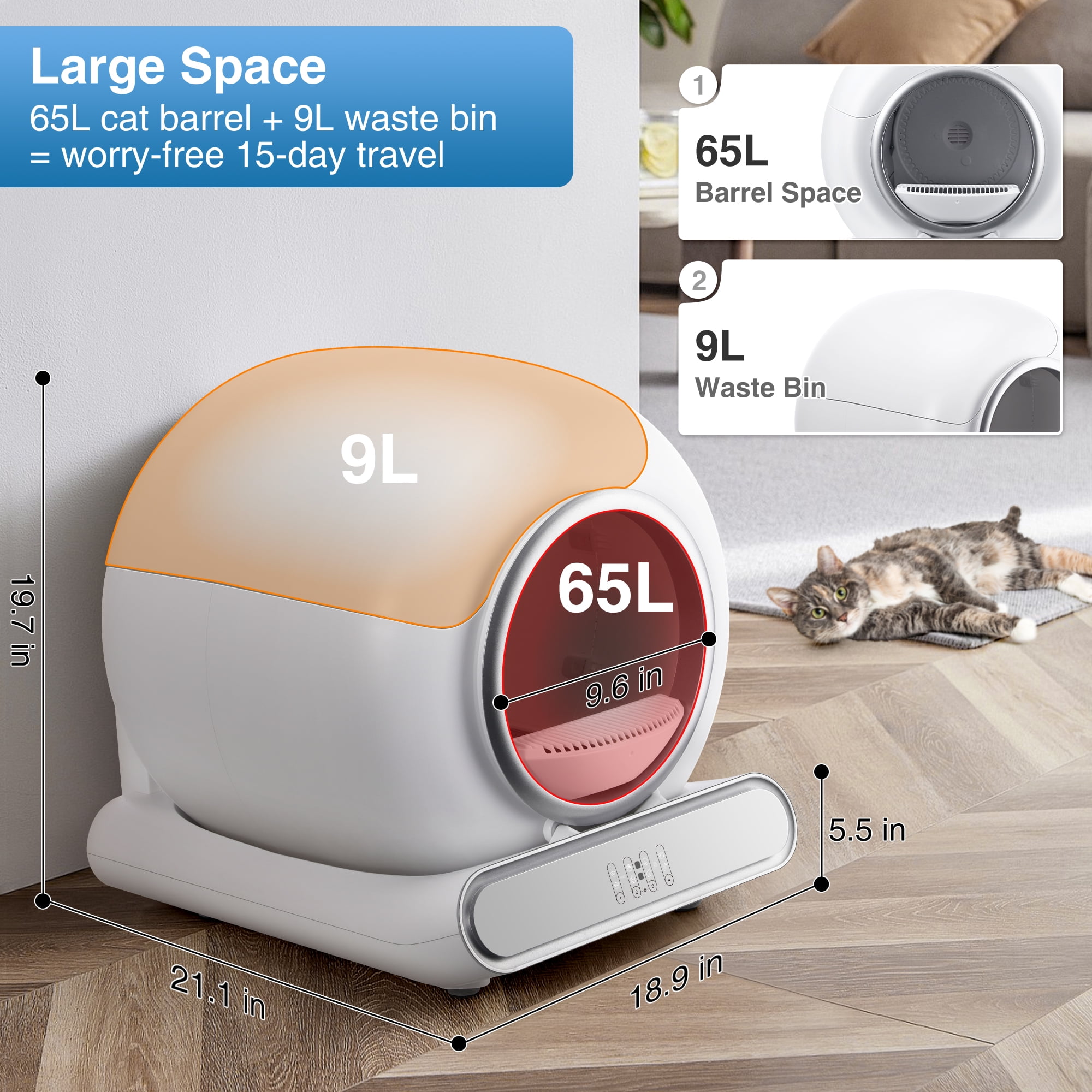 Automatic Self Cleaning Litter Box for Multiple Cats, 65L+9L Large Capacity, APP Remote Control with Health Monitoring, Odor Control, Quiet Operation, Included 2 liners, White