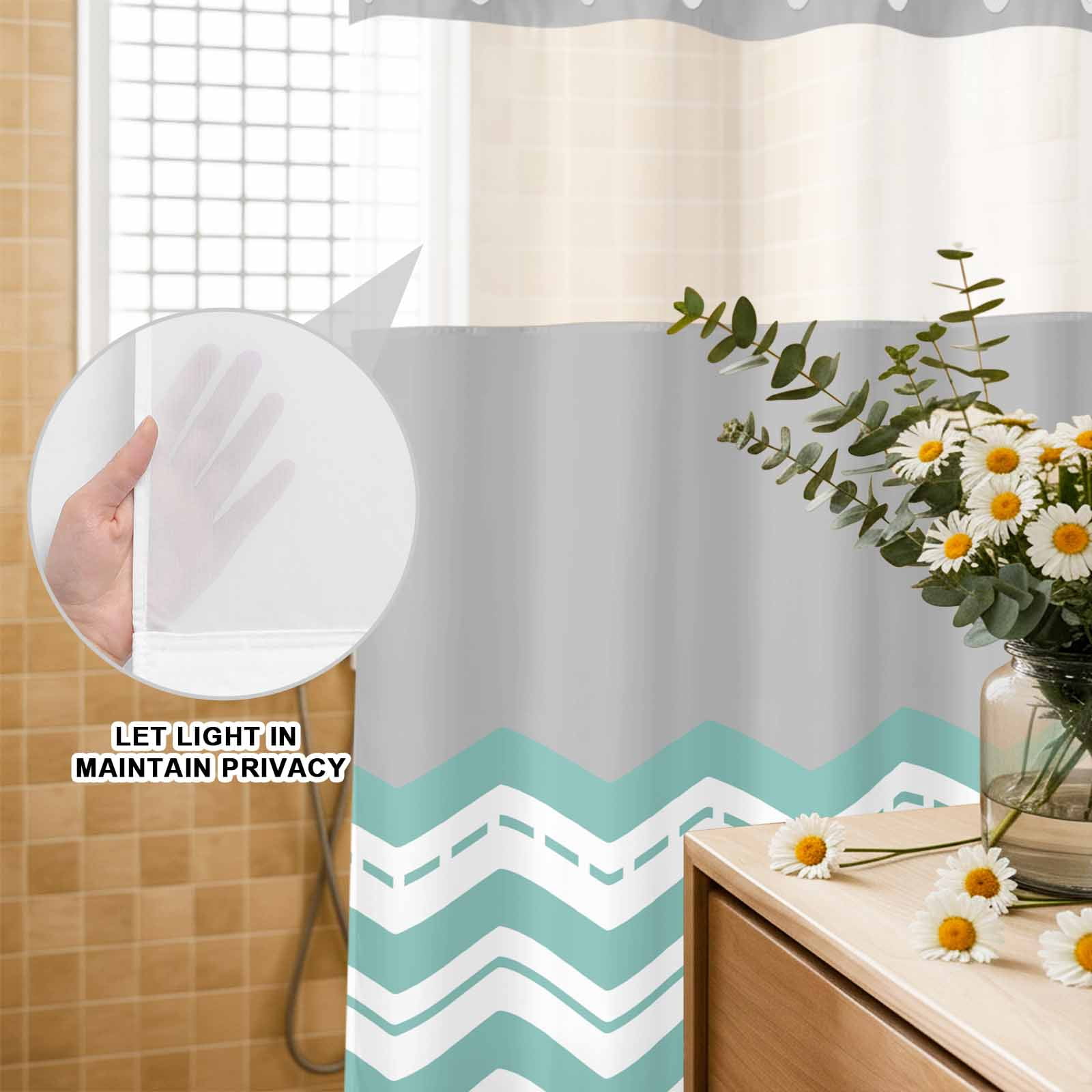 No Hook Shower Curtain Grey Turquoise Waves Shower Curtain for Bathroom Chevron Stripe Bath Curtains Waterproof Fabric with See Through Top Window for Spa Hotel 36x72 Inch