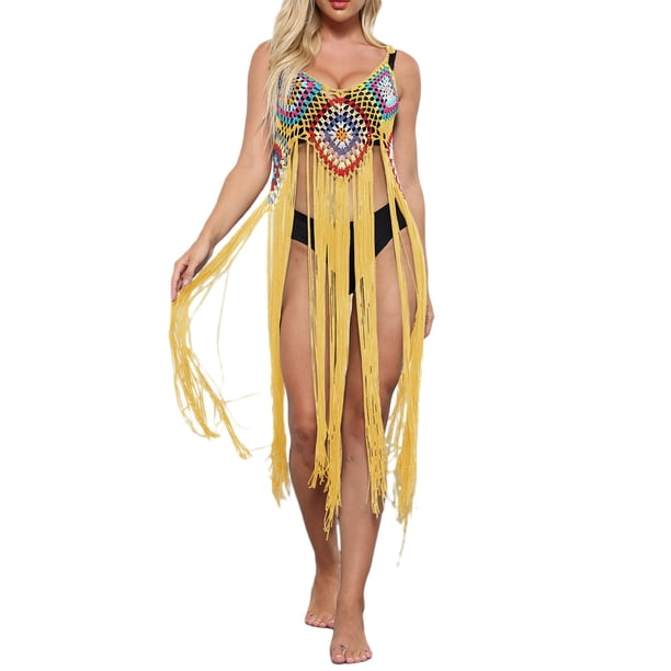 VISgogo - Bikini para mujer, sin mangas, para playa, con borlas caladas, vestido de verano VISgogo moda