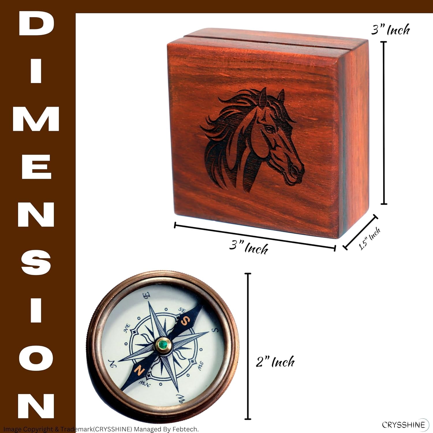 Navy Collection Compass -2 Inches with Wooden Storage Box – Detailed Horse Engraving on Both Compass and Box – Ideal for Collectors and Gifts