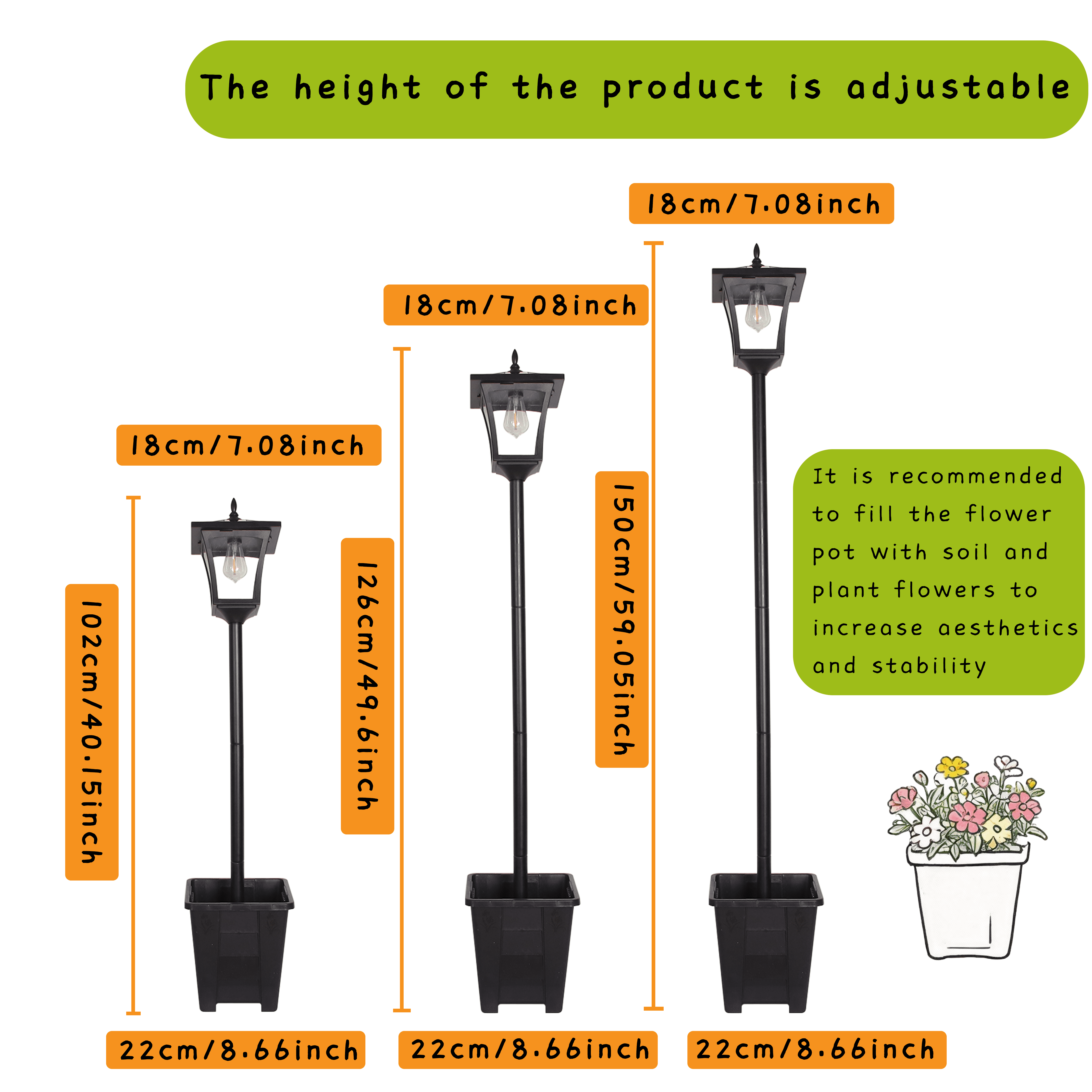 DJGIFI 150/125/100CM Adjustable Height Solar Garden Light Outdoor, Vintage Pathway LED Light with Flower Pot, Auto on/off