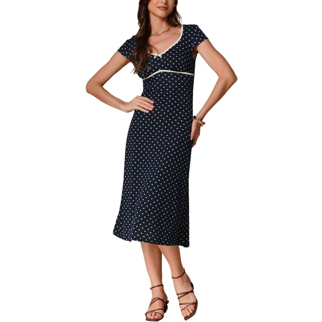INSPIRE CHIC Vestido Midi Clásico de Verano con Manga Corta Casual de Lunares para Mujeres XS Azul Oscuro