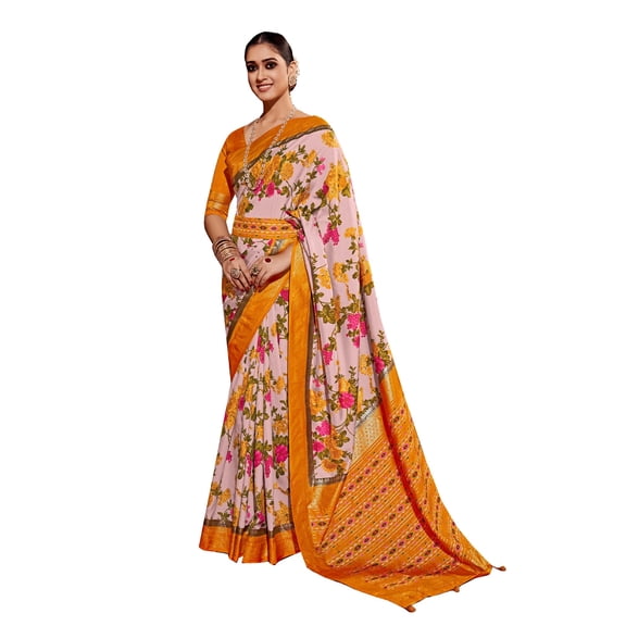 Traditional Ethnicwear Rose Pink Cotton Silk Floral Print Saree